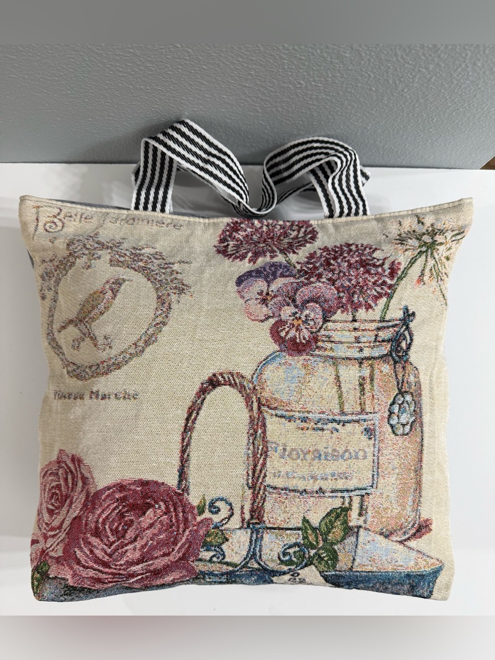 Floral Tapestry Tote Bag Striped Handles Zip Top Boho Cottagecore